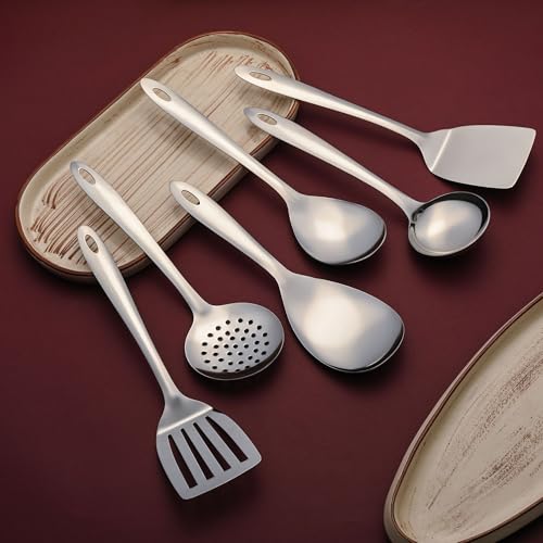 Image of Montavo by FnS 6 Pieces Stainless Steel Serving Tools Set | Rice Server, Gravy Ladle, Serving Spoon, Solid Turner, Skimmer & Slotted Turner | Kitchen Utensil Set for Home & Dining