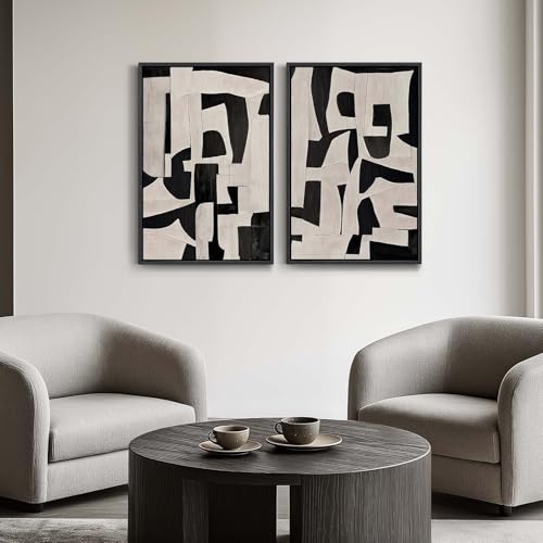 Large Framed Black and Beige Abstract Wall Art, Set of 2 Piece Minimalist Canvas Paintings Artwork for Walls, Modern Art Prints Pictures for Living Room Hallway Dining Room Bedroom Office Wall Decor by Cuspin - Used condition - Image 3