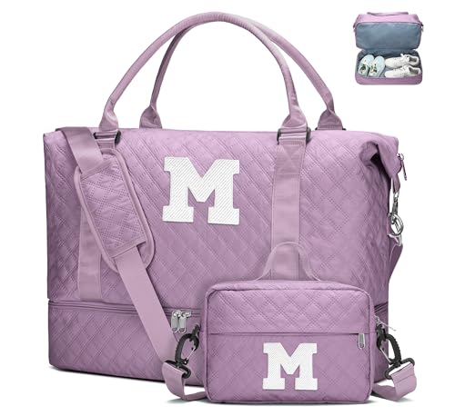 WOOMADA Initial Duffle Bag with Shoe Compartment,Personalized Weekender Bag, Overnight Bag for Women Girls, Gym Bag with Toiletry Bag