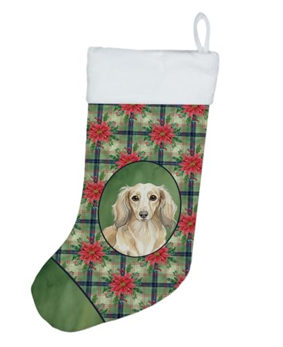 Caroline's Treasures Longhaired Cream Dachshund Christmas Poinsettas Holiday Stocking Double-Sided Print, Polyester Suede,11x18, Made in USA