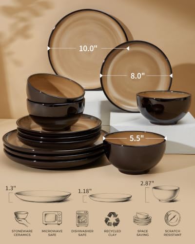 Image of Pokini Stoneware Dinnerware Sets for 4, 12pcs Plates and Bowls Sets Dishes