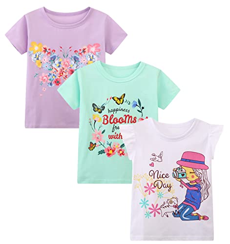 HILEELANG Kids Girls' Short Sleeve Tees Shirts Ruffle Cotton Casual Graphic Butterfly Pink White Summer Crewneck Jersey Tunic Tops 5T2