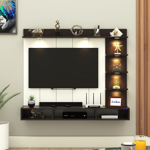 Image of Anikaa Tyron Engineered Wood Wall-Mount TV Unit with PVC Back Panel & LED Lights | TV Cabinet with Storage Box & Decorative Shelves (Wenge) | Ideal for TVs up to 43 Inch | DIY Installation
