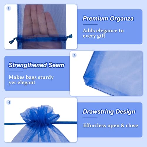 Image of Crweety Royal Blue Organza Bags 8x12 Inch 50 Pack, Large Mesh Gift Bags for Jewelry Sachet, Elegant Small Mesh Bag Drawstring for Candy Wedding Party Favor, Bridal Shower, Baby Shower & Graduation