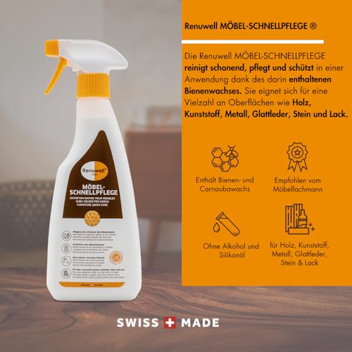Renuwell Möbel Schnellpflege mit Bienenwachs, 500 ml – Reinigung und Pflege für Möbel und Holzoberflächen, entfernt Staub & Fingerabdrücke, frischt Farben auf, Schweizer Qualität