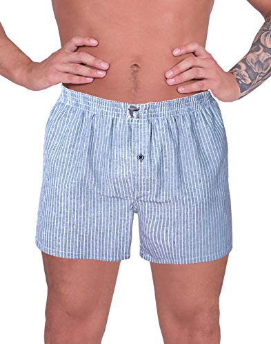 Luft Mens Classic Ultra Soft Stretch Fine Linen Cotton Stripes Print Comfy Fit Elastic Waist Seamless Underwear Mens Boys Casual Pull On Trunks Briefs Boxer Shorts, Light Blue & White Small