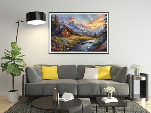 Image of Moohue 14ct Counted Cross Stitch Kits for Adults Mountains House River Printed Stamped Cross Stitch Patterns Kits Cross Stitch Supplies (Beautiful Mountains House River)