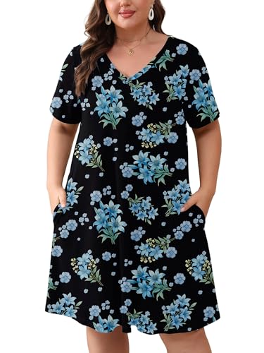 AusLook Plus Size Midi Dress for Women Black Blue Lily Bouquet 4X Short Sleeve Loose V Neck Summer Casual A Line Knee Length Work Outfit T Shirt 2026 Sundresses with Pockets