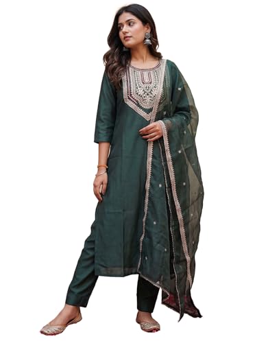Image of INDO ERA Women's Cotton Solid Straight Kurta Palazzo With Dupatta Set