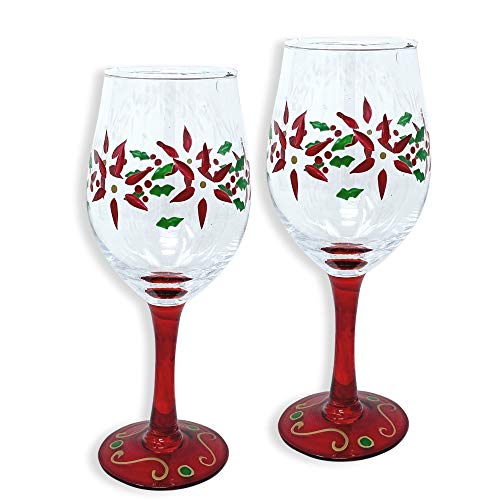 Holiday Poinsettia Wine Glasses - Set of 2 Standard Wine Glasses – Red Hand-Painted Poinsettia and Green Holly Design- Christmas Wine Glass- 14 oz