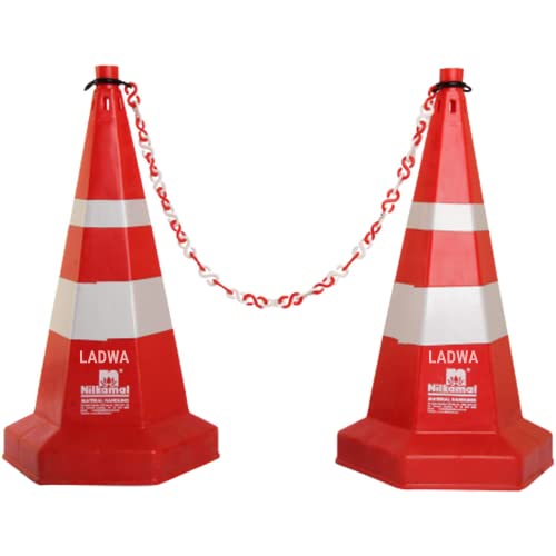 Image of LADWA Road Traffic Safety Cone, Pack of 2 cones 750mm, with 2 mtr chain + 2 hooks, (Safety Cone, Traffic Safety Cone, Road Safety Cone with Reflective Strips Collar)