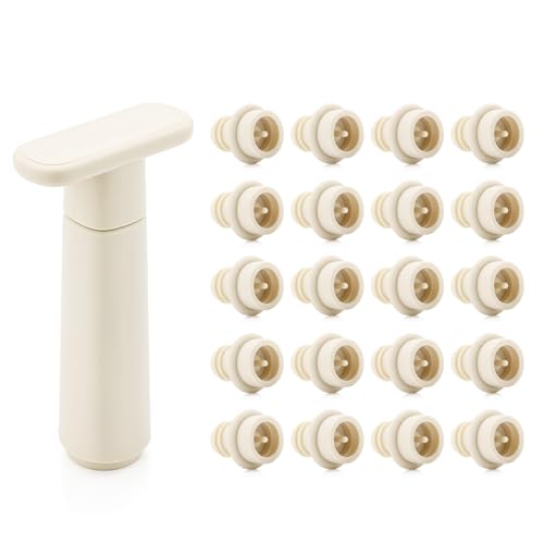 Image of WOTOR Wine Saver Vacuum Pump with 20 Stoppers, Wine Stopper & Preserver, Reusable Bottle Sealer Keeps Fresh, Ideal Accessories Gift, Flat Handle (Cream)