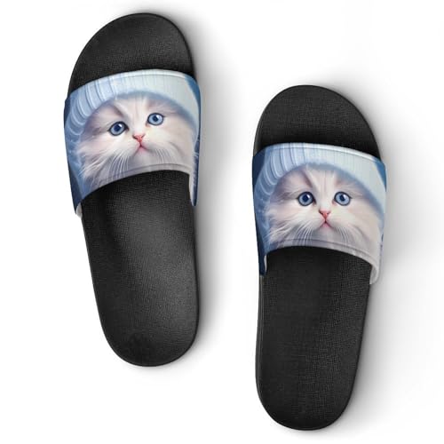 Cute White Cat in Hat House Sandals Non-Slip Bathroom Slippers Beach Summer Shoes for Men Women
