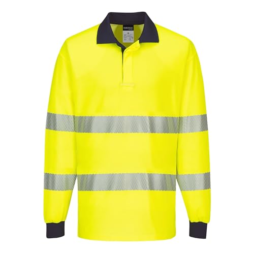 Portwest T186 Mens PW3 High Vis Reflective Lightweight Safety Work Shirt Long Sleeve Yellow/Navy, Medium