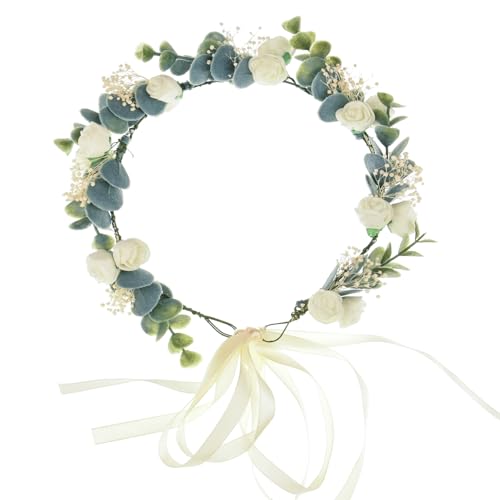 June Bloomy Greenery Leaf Crown Rustic Wedding Headpiece Bridal Headband Photo Prop (White Babysbreath)