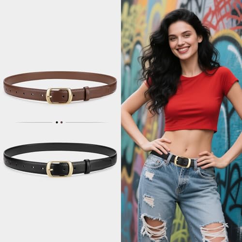 2 Pack Women's Leather Belt for Casual Jeans Pants Ladies Waist Belt with Pin Buckle2