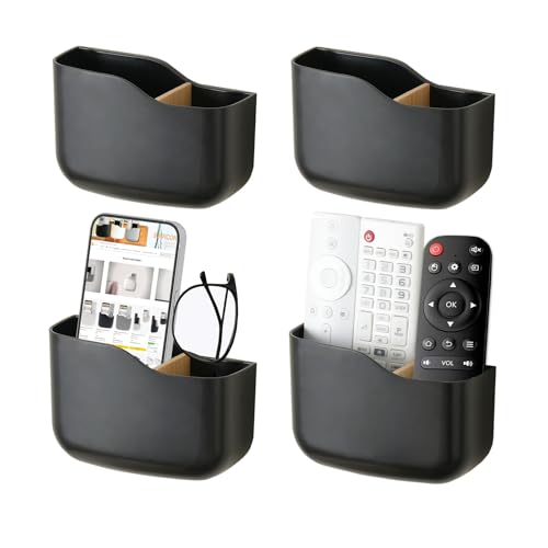 SUNFICON Wall Mount Remote Holder TV FAN Remote Control Holder Bedside Caddy Wall Organizer Phone Holder for Office Adhesive Media Player Controller Holder Box Tray Home Desk Nightstand 4 PACK BLACK