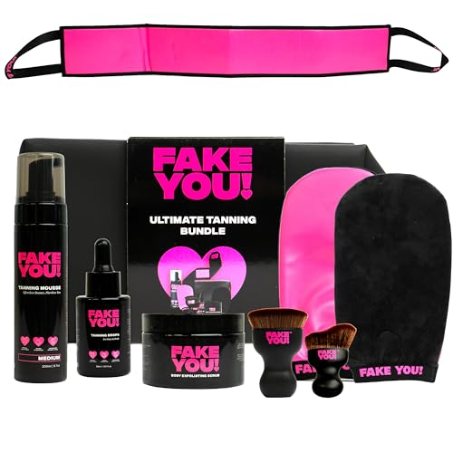Fake You! Kit Autobronzant Tout-en-Un – Comprend Mousse Autobronzante, Gouttes Autobronzantes, Applicateur Dos, Gant Exfoliant et Gants Autobronzants – Parfait pour un Bronzage Sans Traces
