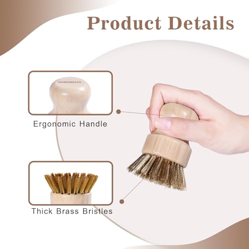 Image of Cast Iron Scrubber Cleaner with Brass Bristle, 3 Pack Natural Bamboo Handle Copper Scrubber Cleaner for Cast Iron Woks Skillets Pans Pots Table Top BBQ Grills