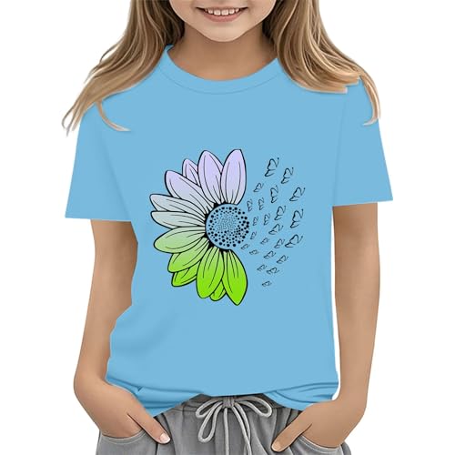 Girls Loose Fit Sunflower Graphic T Shirts Short Sleeve Crewneck Cute Pattern Printed Tops (D-Sky Blue, 12-13 Years)