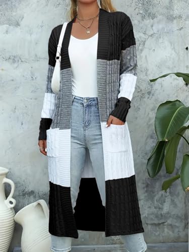Womens Color Block Cardigan Sweater Long Duster Open Front Sweater in Chunky Cable Knit Plus Size Cardigan3