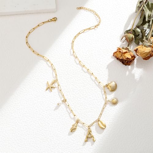 Gold Initial Charm Necklace for Women Gold Shell Starfish Necklace Summer Beach Charms Necklaces for Women Beach Jewelry Gift - Image 3