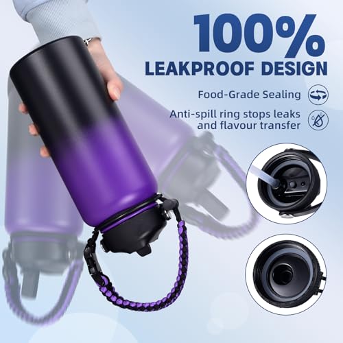 Image of Insulated Water Bottle, 32 oz Stainless Steel Wide Mouth Water Bottles with 2 Leak Proof Lid and Paracord Handle, Double Wall Vacuum Insulated Sports Water Bottle, Purple Black