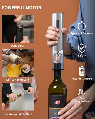 Image of CIRCLE JOY 5-in-1 Electric Wine Opener Set Rechargeable Stainless Steel Automatic Corkscrew Wine Bottle Opener Set with Foil Cutter, Wine Aerator Pourer, Vacuum Wine Stopper and Storage Base, Silver