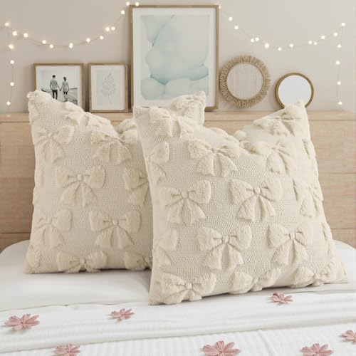 Image of decorUhome Beige Bow Pillow Covers Set of 2 Coquette Aesthetic Cute Preppy Plush Faux Pillowcases for Girly Bedroom or Couch 18x18 Inch