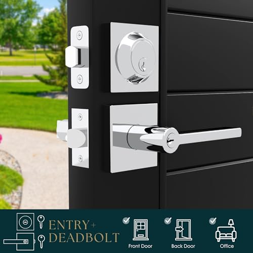 Image of Mega Handles Prime Entrance Combo, Entry Lever Door Handle and Single Cylinder Deadbolt Lock and Key Combo, Heavy Duty Square Locking Door Levers Set for Left or Right-Handed Doors - Polished Chrome