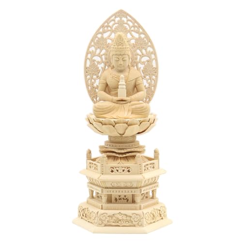 栗田こだわり仏像 【菩薩】 弥勒菩薩(塔持)座像2.5寸 (総高29cm、幅13.5cm、奥行き10cm) 桧木製高級木彫り 草光背六角台 10091