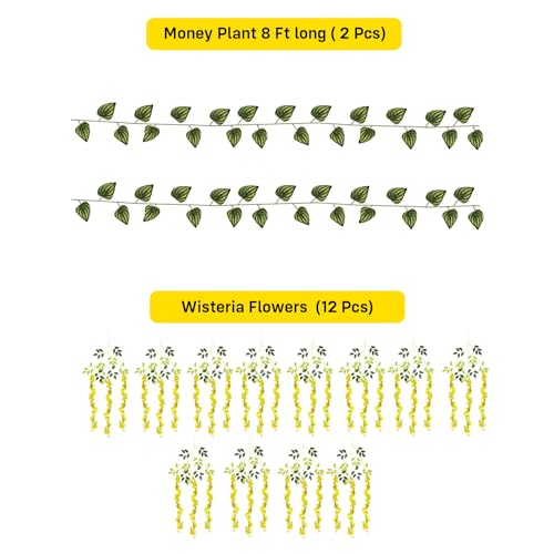 Image of Party Propz Yellow Wisteria Artificial Flowers for Decoration - 12Pcs(3.6ft), Money Plant Artificial Leaves- 2Pcs(8ft), Haldi Decorations Items for Home, Wedding Decorations Items