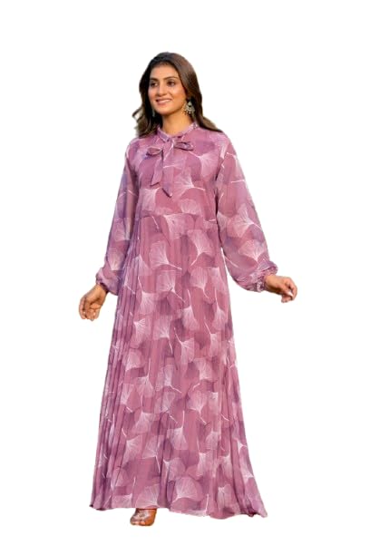 Women Georgette Printed Gown Dress Long Sleeve Tie-Up Neck Flowy Pleated Gown Elegant Ethic Wear Stylish Casual Wear Long Dress for Women & Girls-image-46