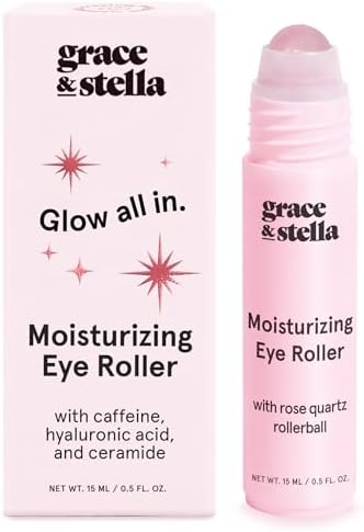 grace & stella Eye Serum Roller with Rose Quartz Rollerball - Hyaluronic Acid & Caffeine Under Eye Cream for Dark Circles & Puffiness - Airplane Travel Essentials - Vegan Skincare (15ml / 0.51floz)