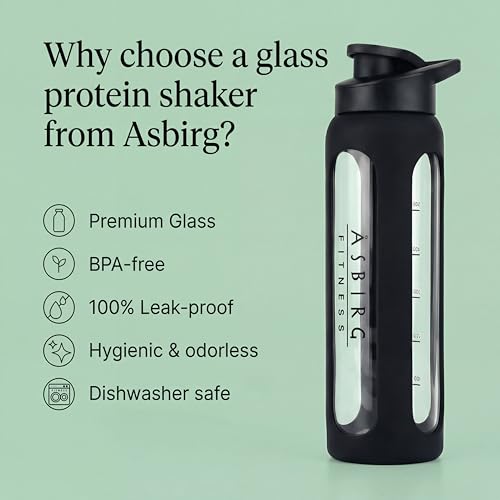 Asbirg Glass Protein Shaker Bottle 700ml â Leakproof & BPA-Free â Borosilicate Glass Gym Shaker with Spiral Mixing Ball for Smooth Protein Shakes, Smoothies, Meal Replacement & Fitness - Black - Image 2