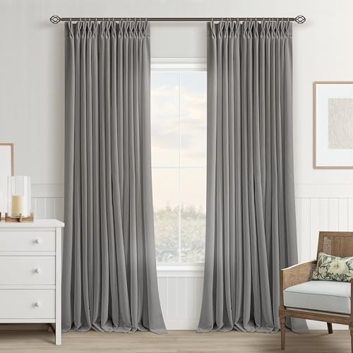 Image of Grey Pinch Pleat Semi Sheer Linen Curtains 90 Inch Long for Living Room