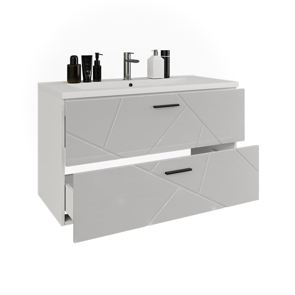 Vicco Ensemble de Meubles de Salle de Bains Irma, Blanc/Blanc Brillant, 100 cm, composé d’Un Meuble sous-lavabo et d’Un lavabo