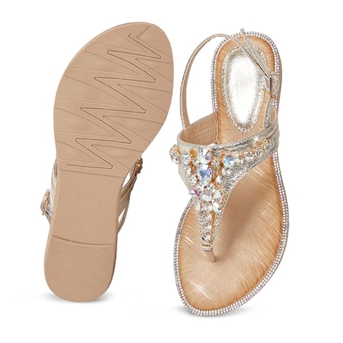 Image of iCKER Womens Rhinestone T‑Strap Flat Sandals Adjustable Ankle Strap Jeweled | for Dress,Vacation,Wedding,Party Evening and Formal Special Occasions