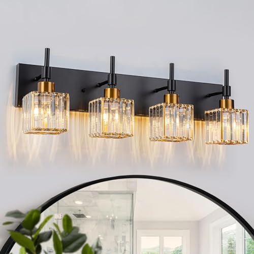 Image of Black and Gold Bathroom Light Fixture,4-Lights Crystal Vanity Lights Fixtures with Square Crystal Shade Metal Base,Modern Black and Brass Bathroom Lights Over Mirror