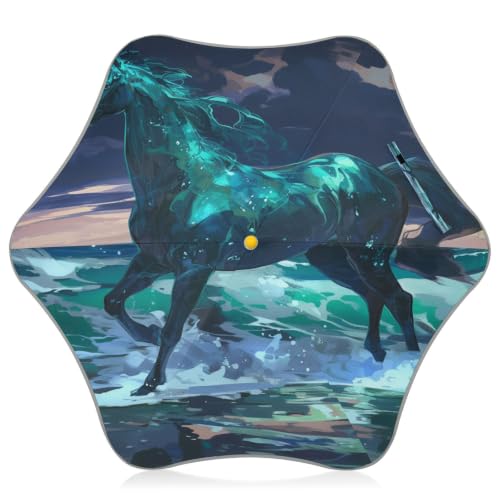 Parapluie enfants anti UV et bandes reflechissantes bouton-poussoir motif cheval