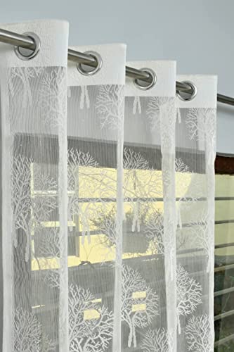 Image of Honger Polyester Semi-Sheer Tree Design Net Curtains for Living Room Use 4x9 Feet Long Door Size (2, Cream)