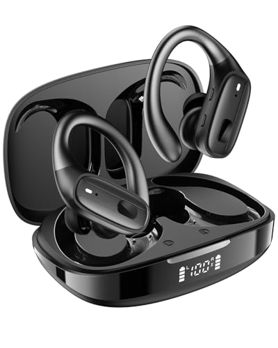 Image of LEEMC Wireless Earbuds, Bluetooth Headphones 5.4, 80Hr Playtime Ear Buds with Hooks for Sports, Noise Canceling, LED Display, IPX7 Waterproof Earphones for Workout Running, Onyx