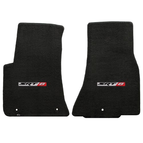 Fits 2011-2014 Dodge Challenger 2pc Ebony Black Front Floor Mats with SRT-8 Logo in Red & Silver