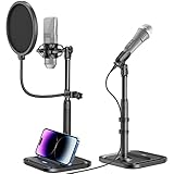 Desktop Microphone Stand with Phone Holder, 2 in 1 Adjustable Mic Stand Desk with Pop Filter, Shock...