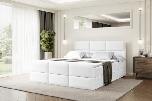 ALTDECOR Boxspringbett mit Matratze und Lattenrost, Boxbett, Topper, Fußteil, Polsterbett mit Bettkasten, Bett mit Stauraum H4-Matratze, Doppelbett, Springboxbett - Ohio-Z - 180x200 - Weiß Kunstleder