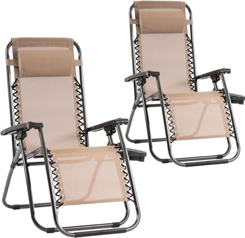 FDW Zero Gravity Chair Patio Chairs Outdoor Chairs Folding Chairs Outdoor Anti Gravity Chair Lounge Reclining Camping Deck Chair with Pillow and Cup Holde (Tan) by FDW - Used condition - CA$144.14