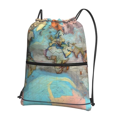 AKGFFDS Mochilas con cordón para hombre y mujer, diseño de mapamundi de dibujos animados, bolsas deportivas y de fitness, impermeables y duraderas ⭐