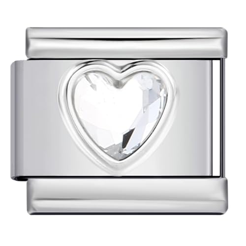 Mon & Sons Smooth Love Heart Month Birth Year Birthday Stone Anniversary Birthstone Crystal Silver Italian 9mm Link Stainless Steel Bracelet Charm Compatible With 9mm Link