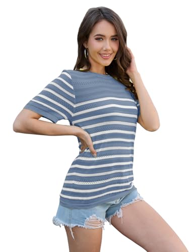 Image of ANCAPELION Women's Short Sleeve Sweater Top Striped Knit Crew Neck Pullover for Summer Trendy Shirts