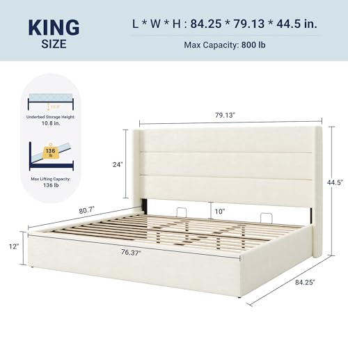 Image of Allewie King Size Lift Up Storage Bed, Chenille Fabric Upholstered, Modern Wingback Headboard, Hydraulic Support, No Box Spring Needed, Cream White